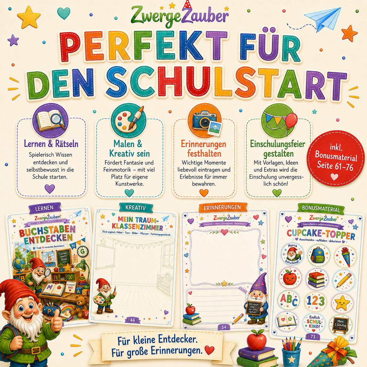 Einschulung Geschenk zum Ausdrucken mit ABC lernen, Zahlen lernen, Suchbildern, Kreativseiten und Bonusmaterial für Kinder zum Schulanfang