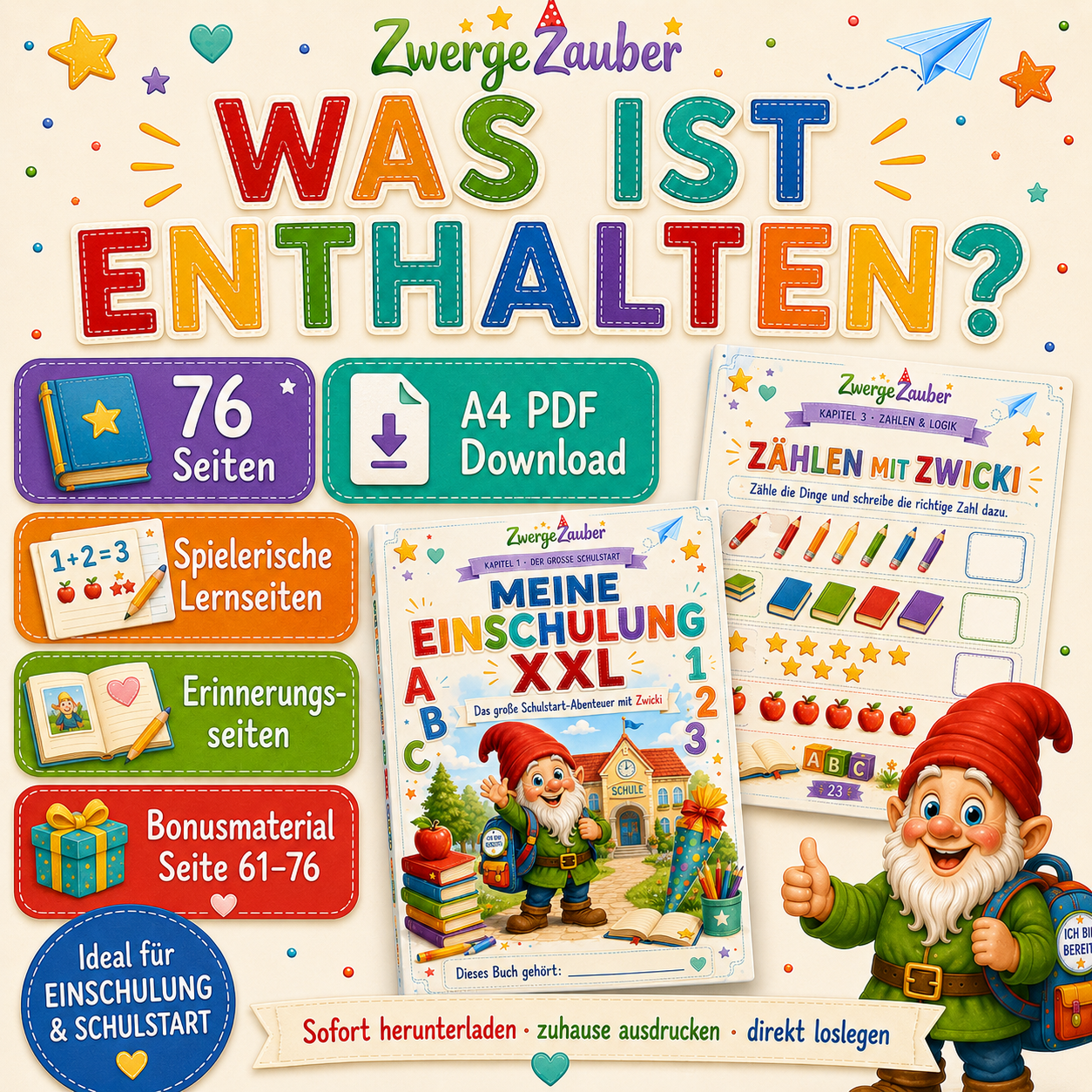 Einschulung PDF mit Erinnerungsseiten, Einschulungsfeier, Schulstart-Bingo, Wunschkarten und Urkunde für den ersten Schultag