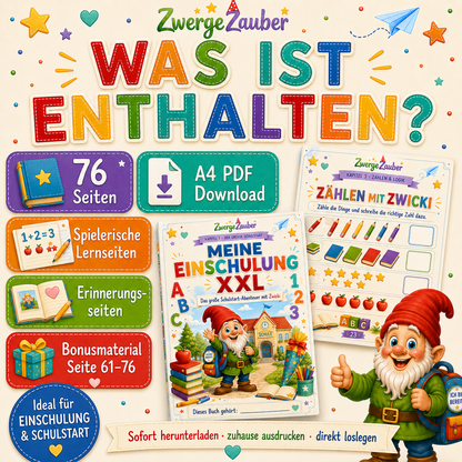 Einschulung PDF mit Erinnerungsseiten, Einschulungsfeier, Schulstart-Bingo, Wunschkarten und Urkunde für den ersten Schultag
