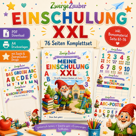 Einschulung XXL Komplettset mit 76 Seiten als PDF Download von ZwergeZauber mit Lernseiten, Erinnerungsseiten und Bonusmaterial für den Schulstart