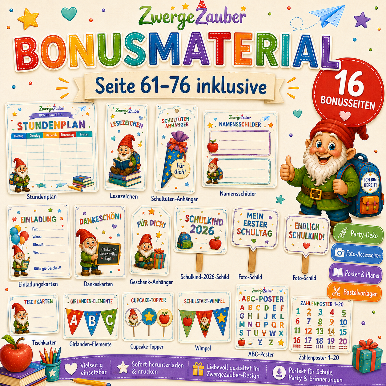 Bonusmaterial von Seite 61 bis 76 mit Stundenplan, Lesezeichen, Anhängern, Namensschildern, Karten, Wimpeln und Postern zur Einschulung
