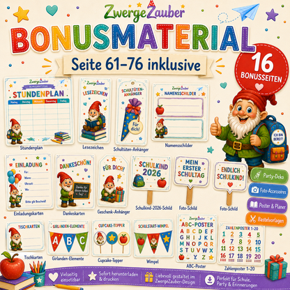 Bonusmaterial von Seite 61 bis 76 mit Stundenplan, Lesezeichen, Anhängern, Namensschildern, Karten, Wimpeln und Postern zur Einschulung