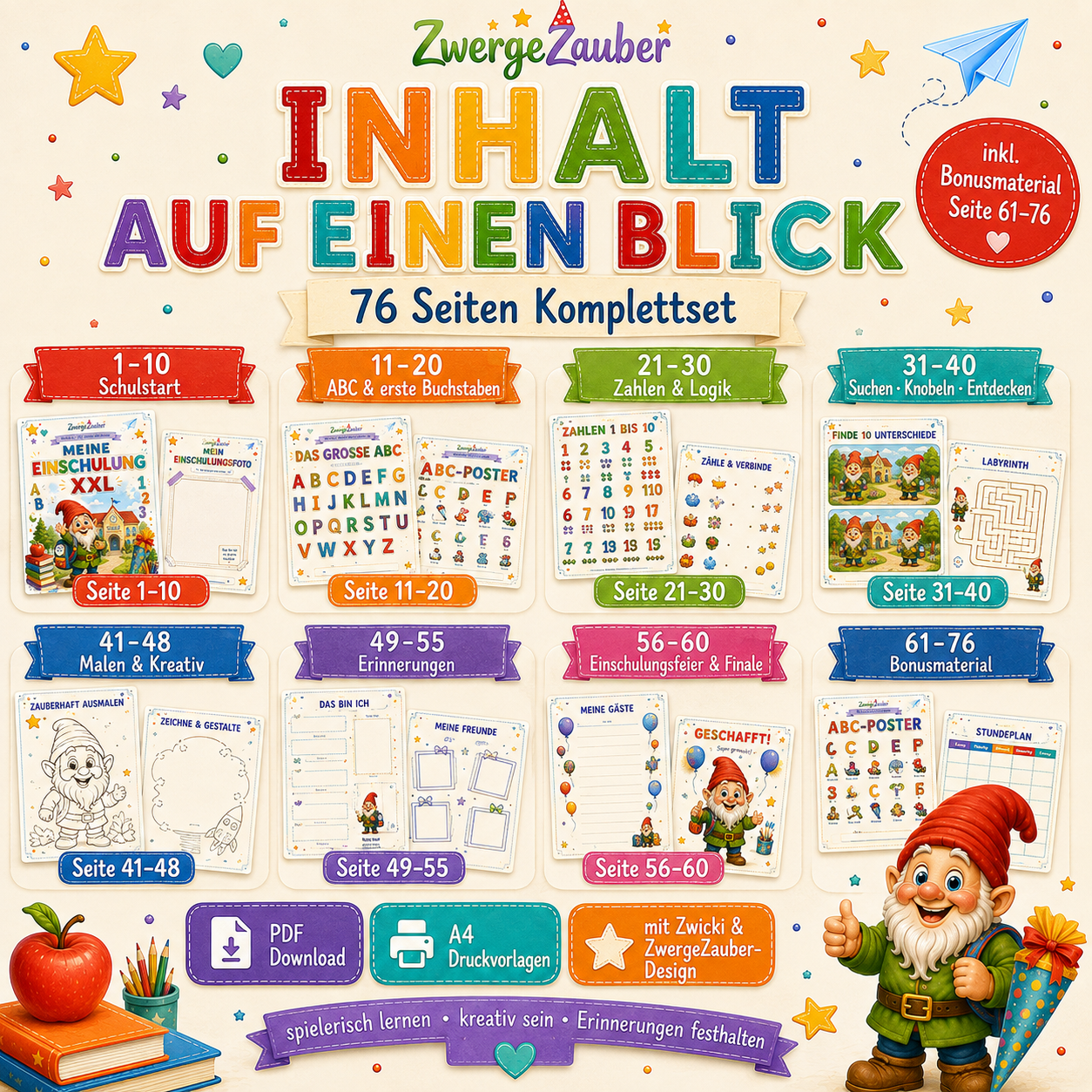 Übersicht zum Einschulung XXL Set mit Schulstartseiten, ABC, Zahlen, Rätseln, Kreativseiten und Erinnerungsseiten für Schulanfänger