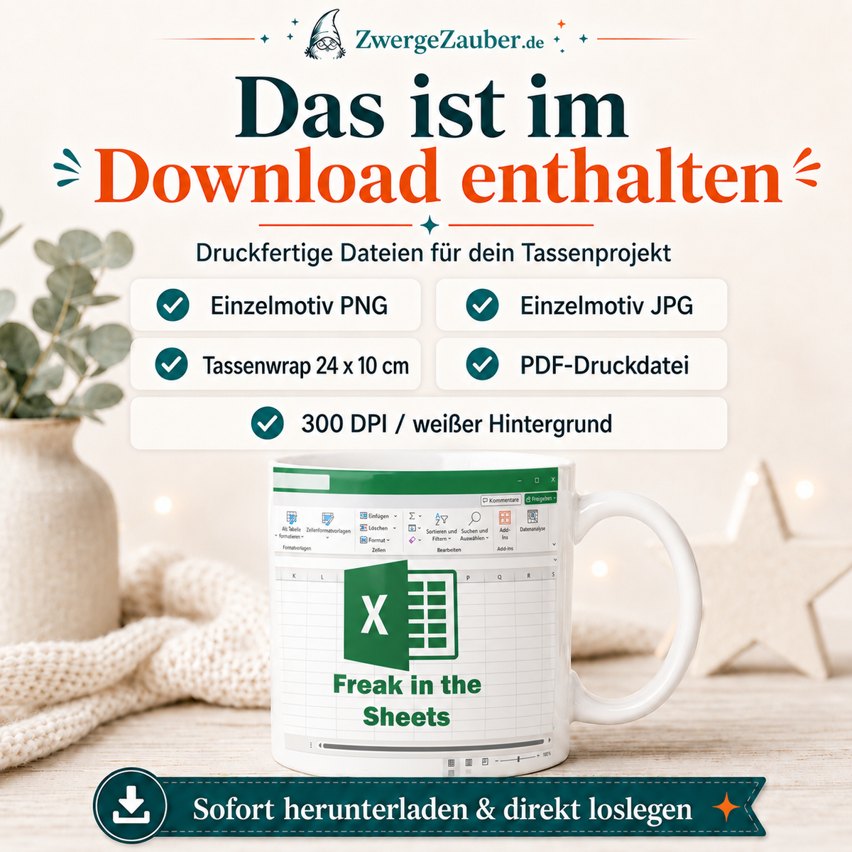 Freak in the Sheets Tassendesign Digitaler Download – Lustiges Excel Büro Motiv als PNG, JPG & PDF
