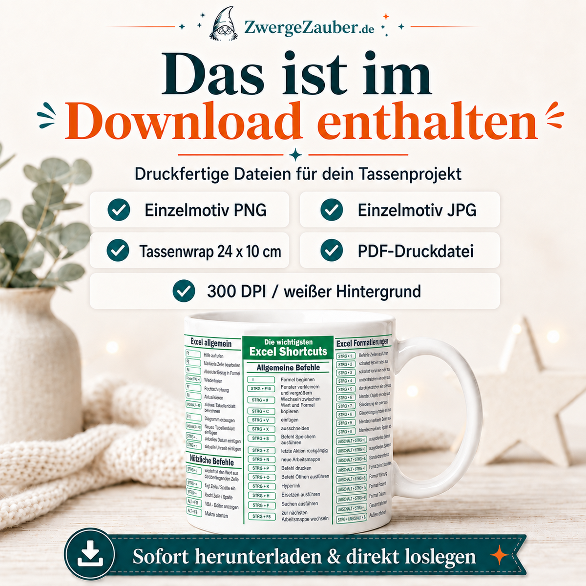 ZwergeZauber Tassendesign Excel Shortcuts Deutsch | Tastenkürzel Übersicht – Verkaufsbild 2