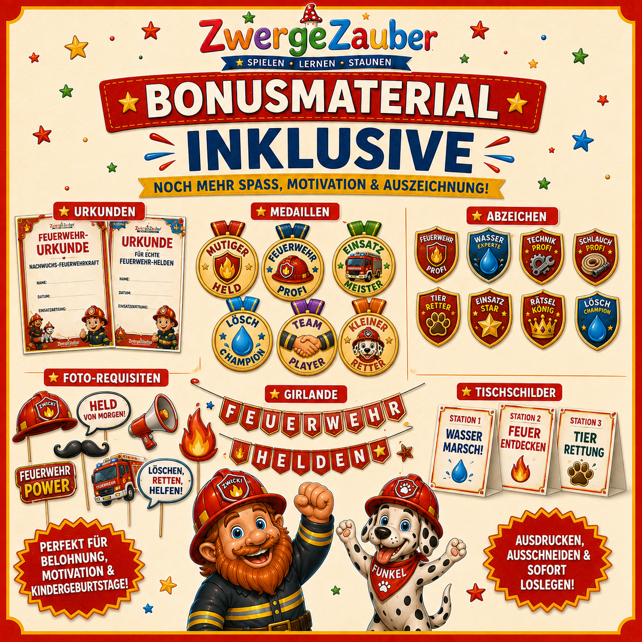 Bonusmaterial der Feuerwehr-Schatzsuche mit Urkunden, Medaillen, Abzeichen, Requisiten und Partyzubehör zum Ausdrucken