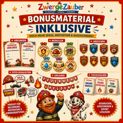 Bonusmaterial der Feuerwehr-Schatzsuche mit Urkunden, Medaillen, Abzeichen, Requisiten und Partyzubehör zum Ausdrucken