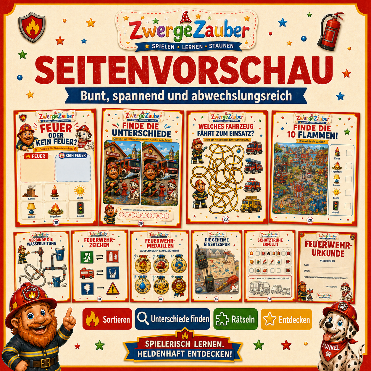Bunte Feuerwehr-Rätsel für Kinder mit Wimmelbildern, Suchspielen, Labyrinthen und spannenden Aufgaben für kleine Feuerwehrfans