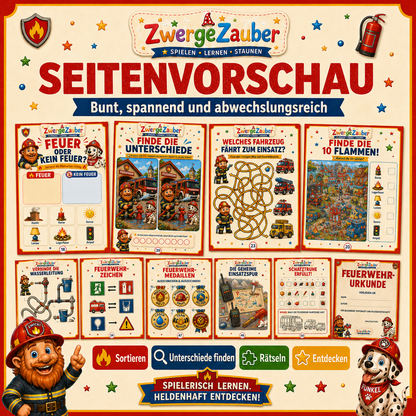 Bunte Feuerwehr-Rätsel für Kinder mit Wimmelbildern, Suchspielen, Labyrinthen und spannenden Aufgaben für kleine Feuerwehrfans