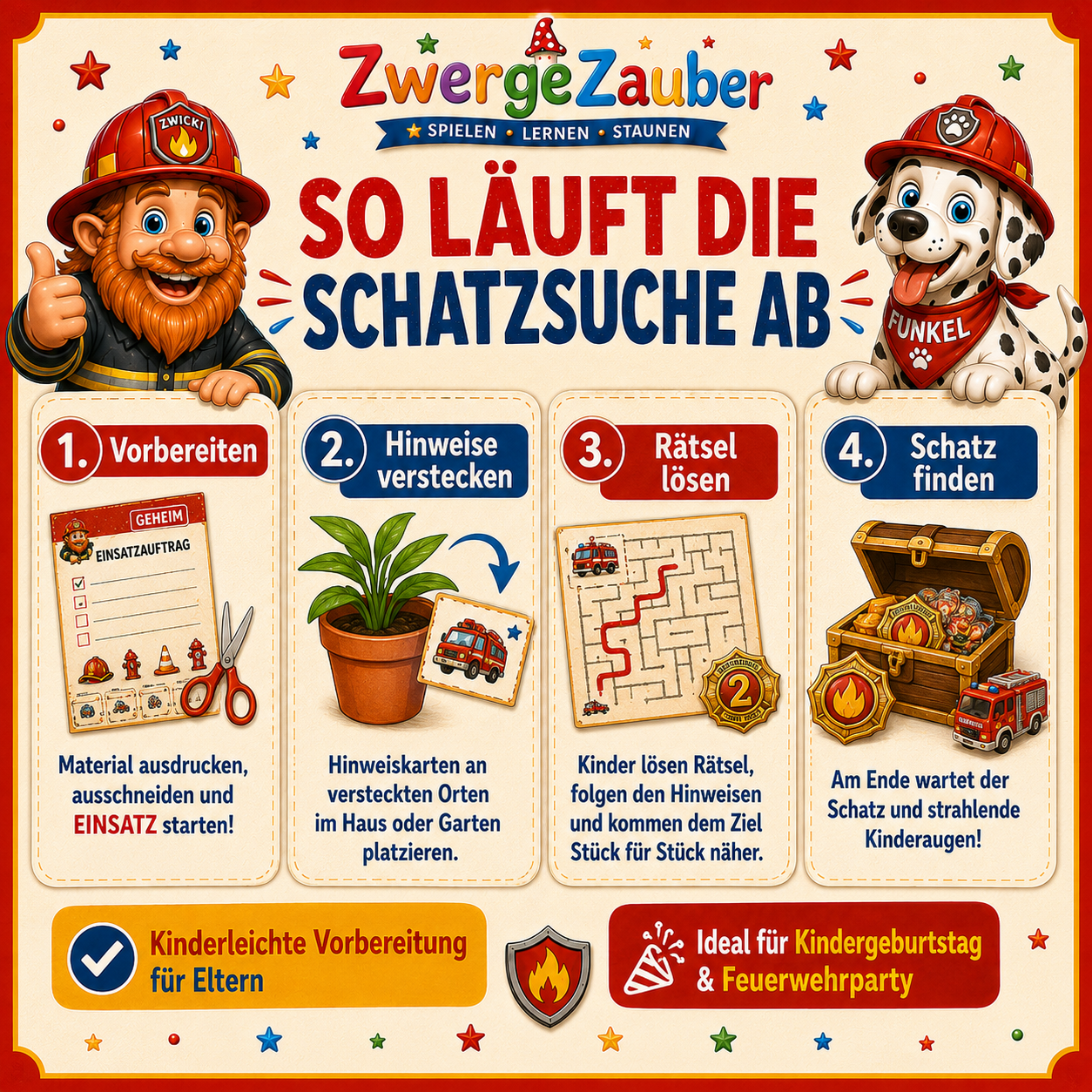 Feuerwehr-Schatzsuche für Kinder mit einfachem Ablauf zum Ausdrucken, Vorbereiten, Hinweise verstecken und Schatz finden