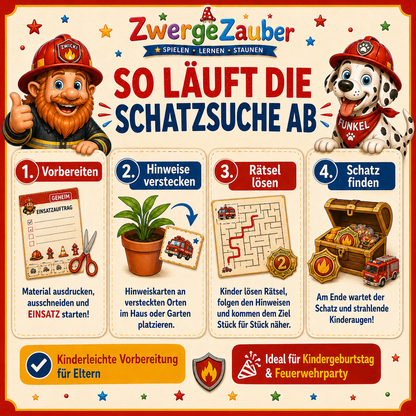 Feuerwehr-Schatzsuche für Kinder mit einfachem Ablauf zum Ausdrucken, Vorbereiten, Hinweise verstecken und Schatz finden