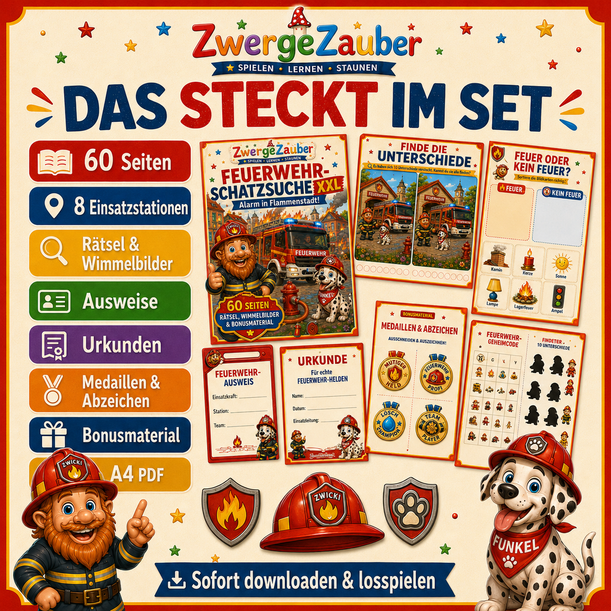 Feuerwehr-Schatzsuche XXL mit 60 Seiten, Rätseln, Wimmelbildern, Ausweisen, Urkunden, Medaillen und Feuerwehr-Abenteuern