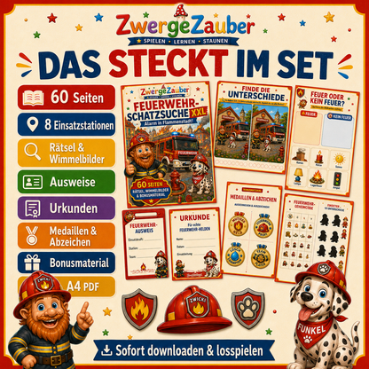 Feuerwehr-Schatzsuche XXL mit 60 Seiten, Rätseln, Wimmelbildern, Ausweisen, Urkunden, Medaillen und Feuerwehr-Abenteuern