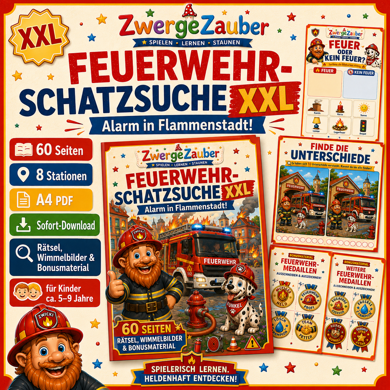 Feuerwehr-Schatzsuche XXL für Kinder als PDF mit 60 Seiten, Zwicki Feuerwehrzwerg, Funkel, 8 Einsatzstationen und Bonusmaterial