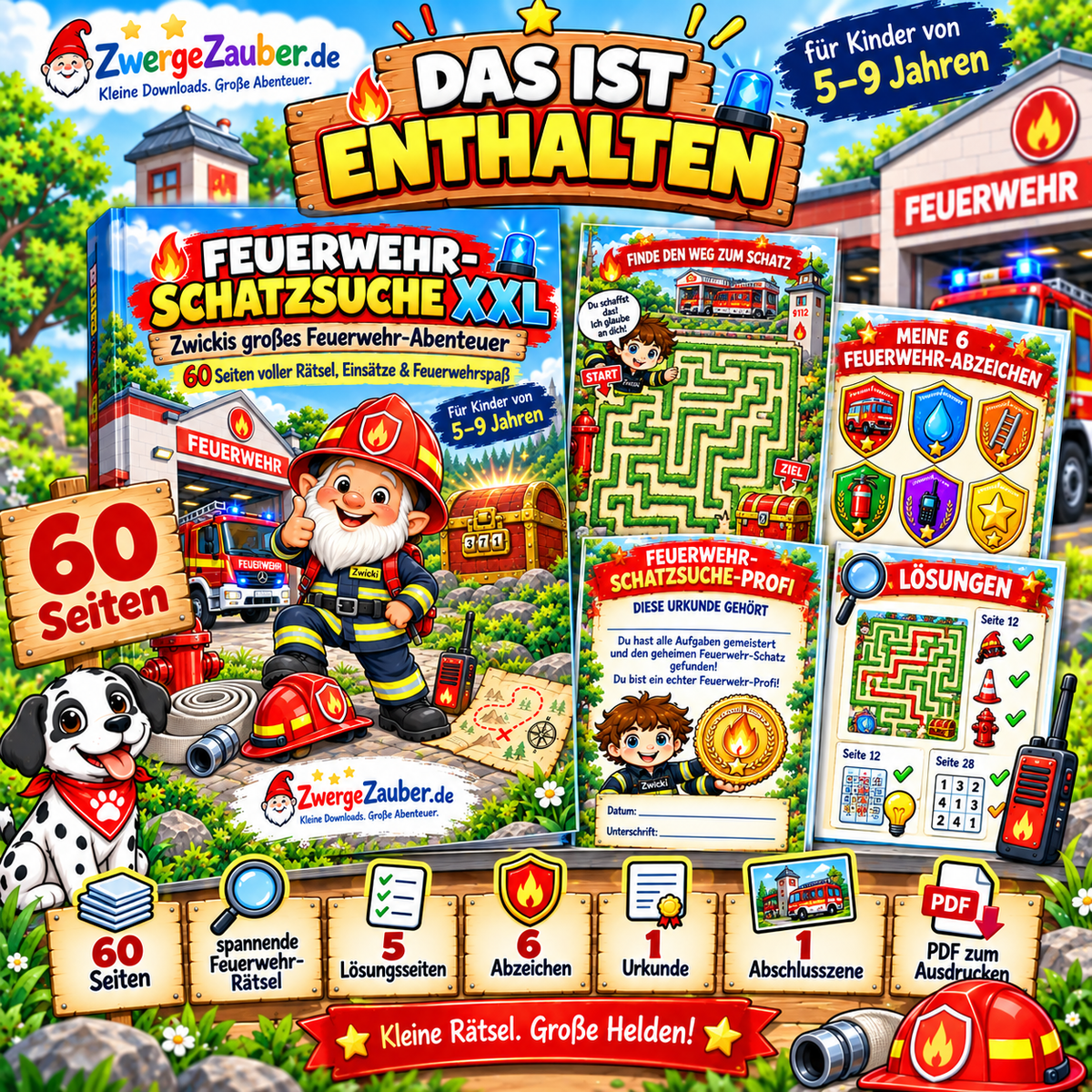 Inhalt der Feuerwehr-Schatzsuche XXL mit 60 Seiten, Rätseln, Schatzsuche, Abzeichen, Lösungen und Urkunde