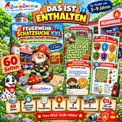 Inhalt der Feuerwehr-Schatzsuche XXL mit 60 Seiten, Rätseln, Schatzsuche, Abzeichen, Lösungen und Urkunde