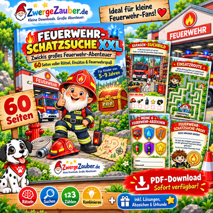 Feuerwehr-Schatzsuche XXL für Kinder von 5–9 Jahren mit 60 Seiten Rätseln, Einsätzen und Feuerwehr-Abenteuer als PDF zum Ausdrucken