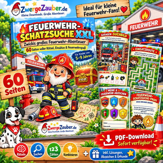 Feuerwehr-Schatzsuche XXL für Kinder von 5–9 Jahren mit 60 Seiten Rätseln, Einsätzen und Feuerwehr-Abenteuer als PDF zum Ausdrucken