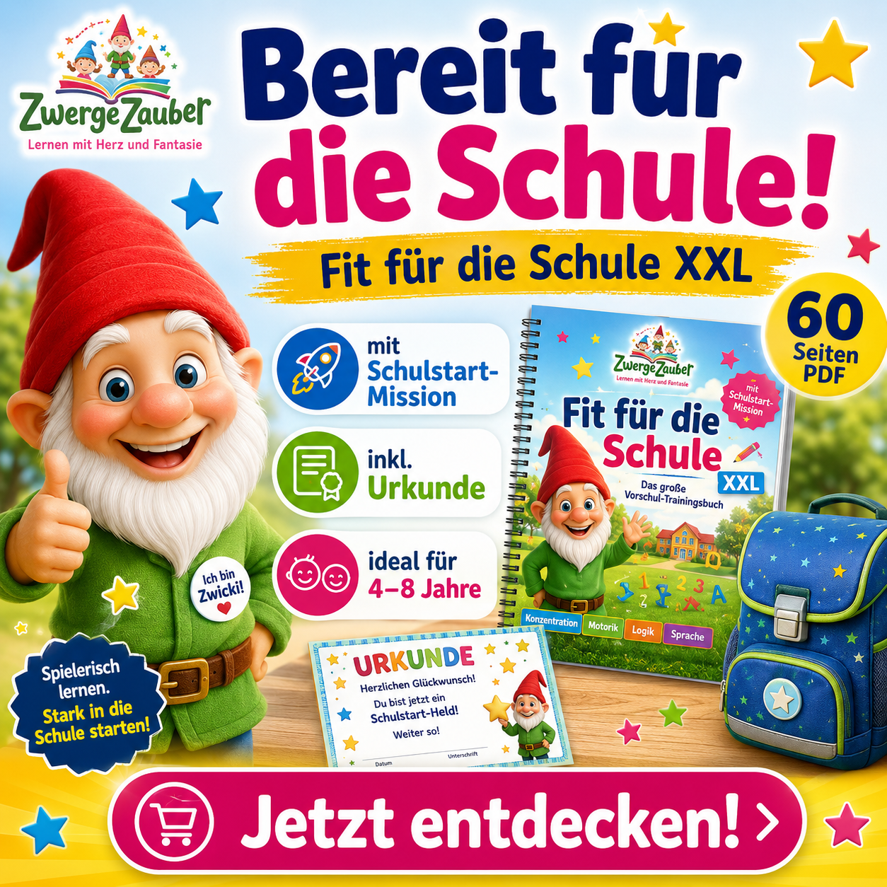 Fit für die Schule XXL von ZwergeZauber mit Zwicki – 60 Seiten Schulvorbereitung für Kinder von 4 bis 8 Jahren