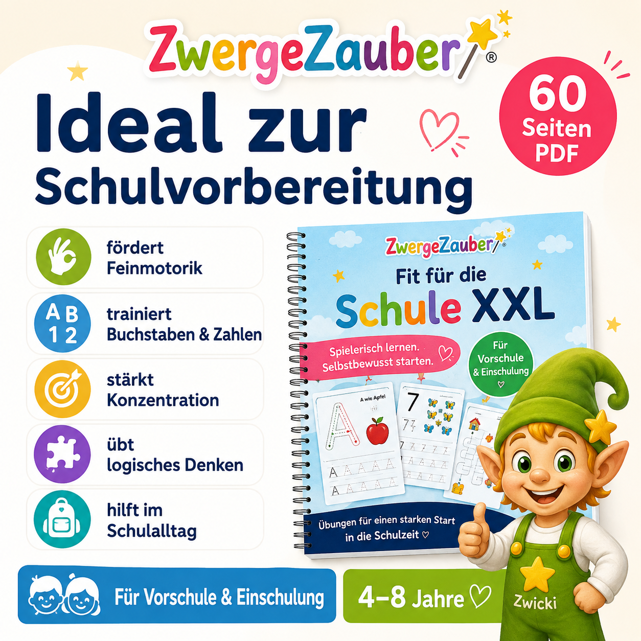 Bunte Aufgabenvielfalt auf 60 Seiten mit Schwungübungen, Zahlen, Buchstaben, Wahrnehmung und Rätseln