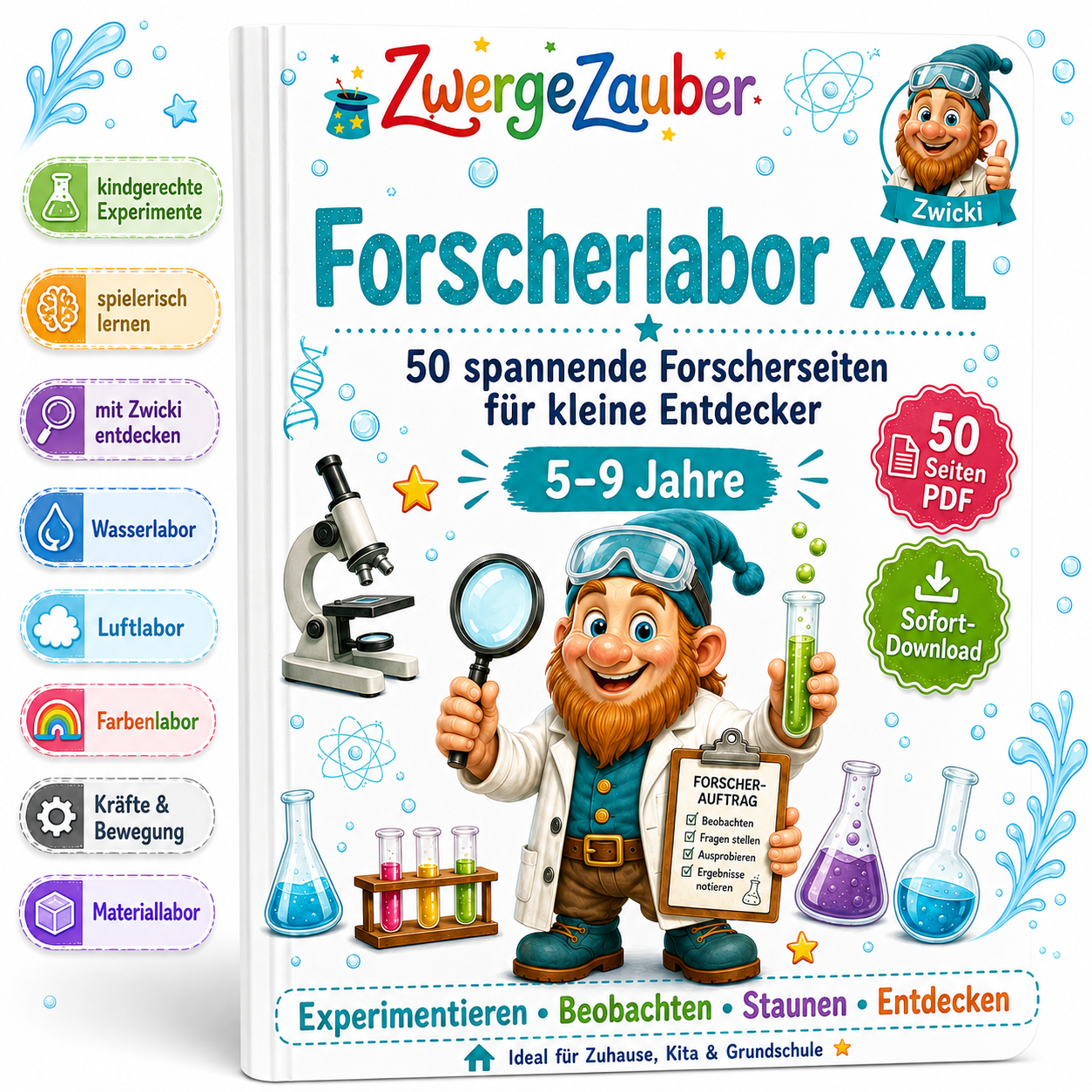 Forscherlabor XXL von ZwergeZauber mit 50 spannenden Forscherseiten und Experimenten für Kinder von 5 bis 9 Jahren