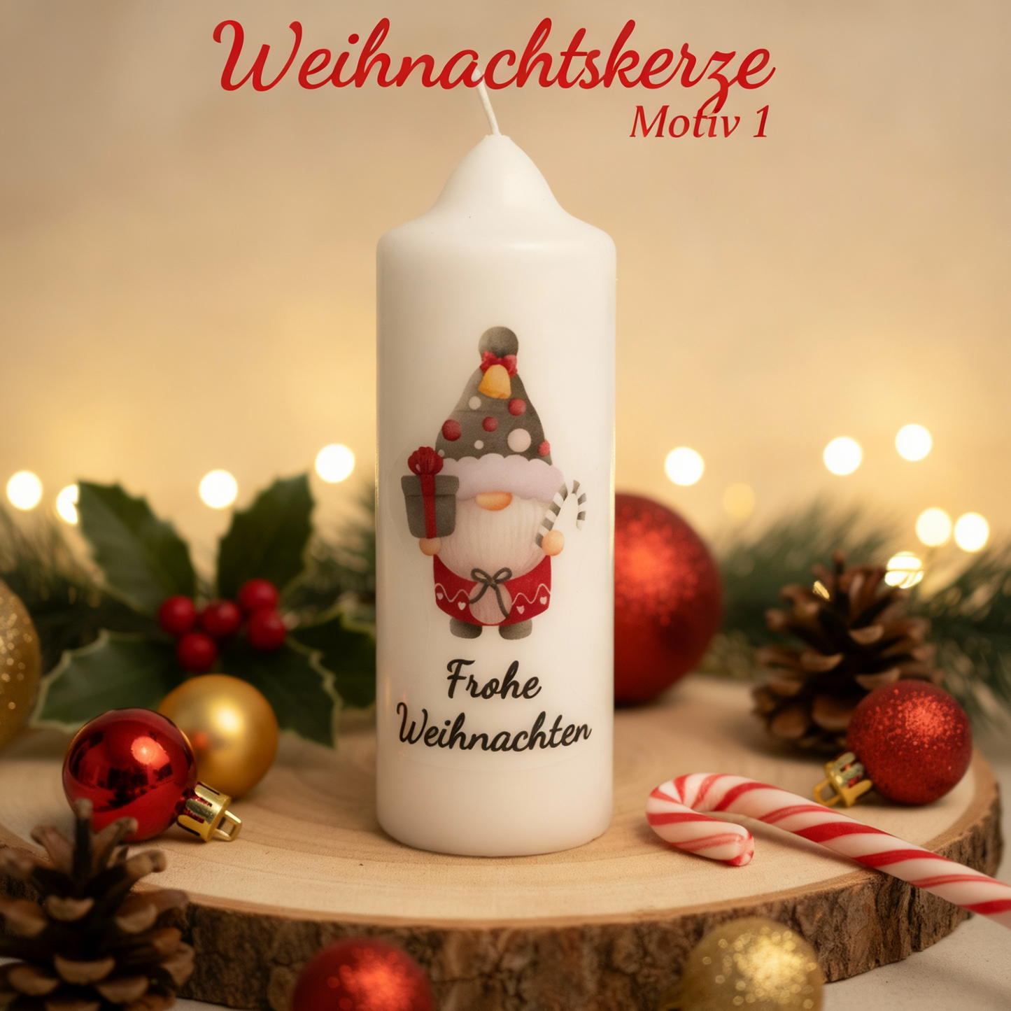 Christmas candle printed with Christmas motif, various motifs