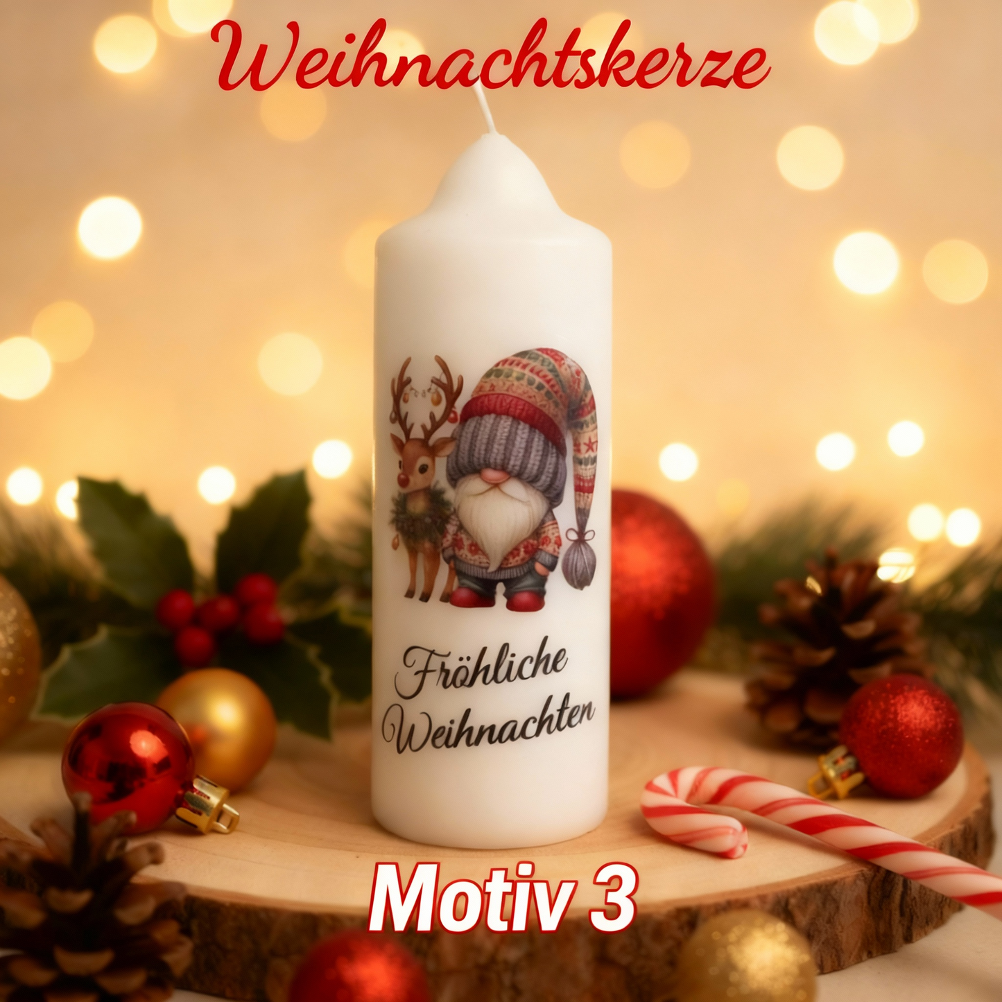 Christmas candle printed with Christmas motif, various motifs