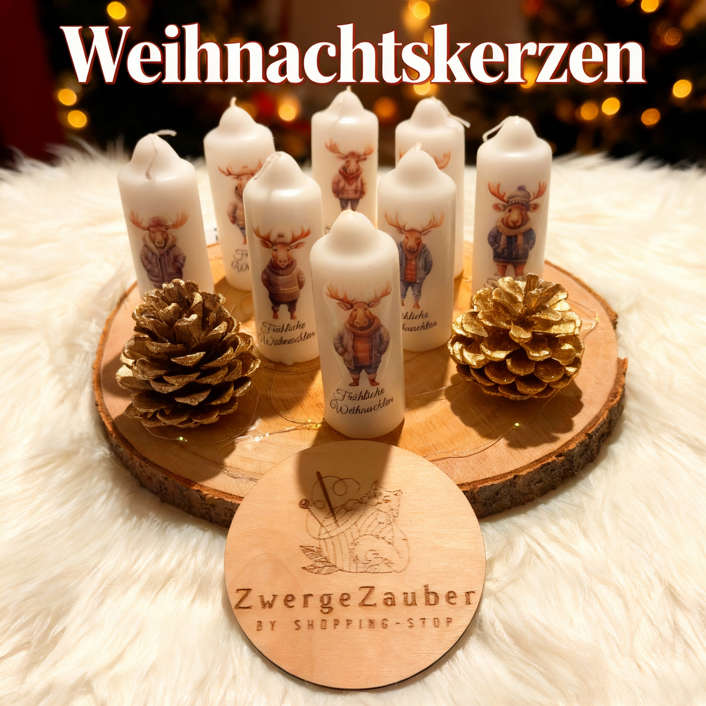 Christmas pillar candle printed with Christmas elk, various motifs