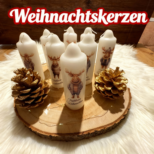 Christmas pillar candle printed with Christmas elk, various motifs