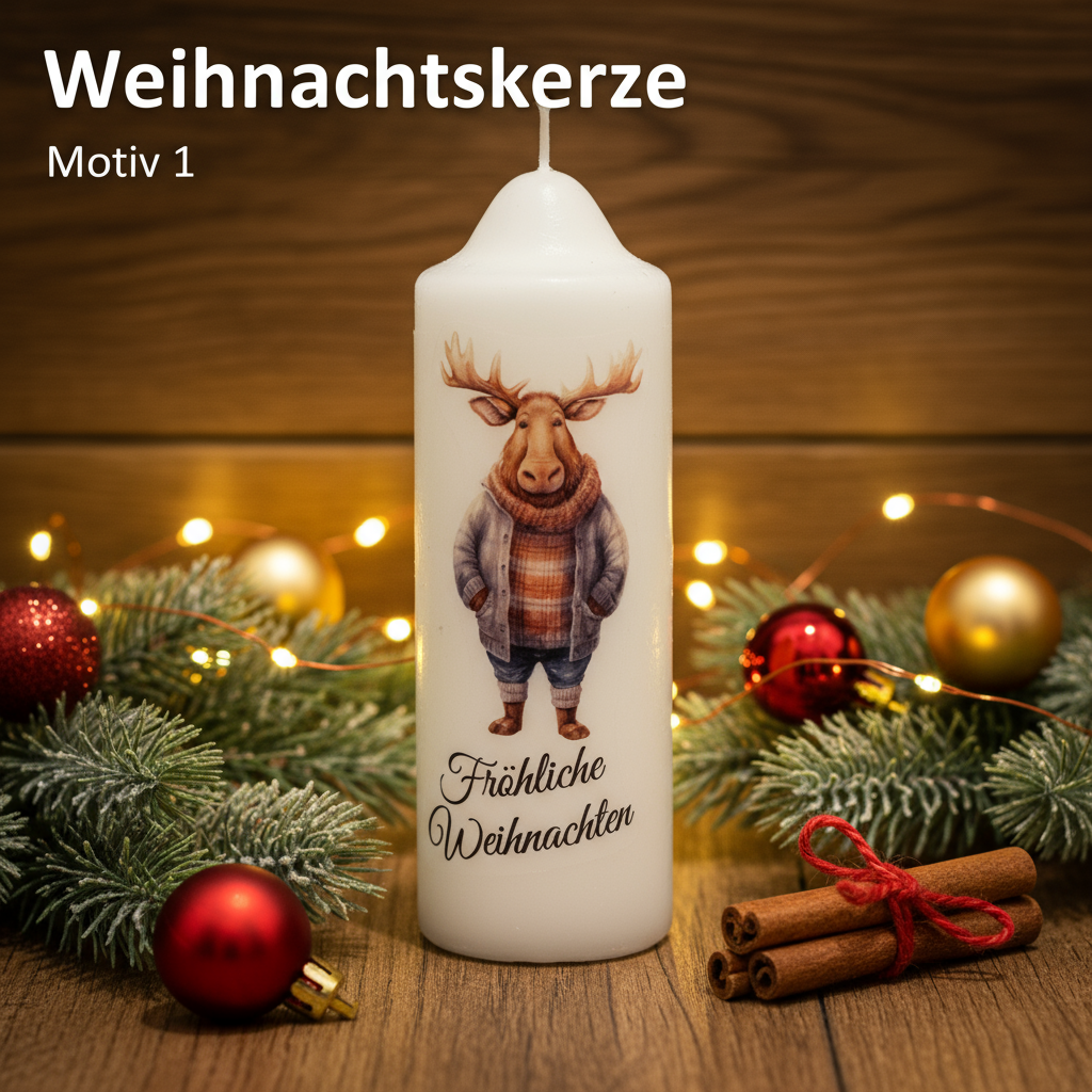 Christmas pillar candle printed with Christmas elk, various motifs