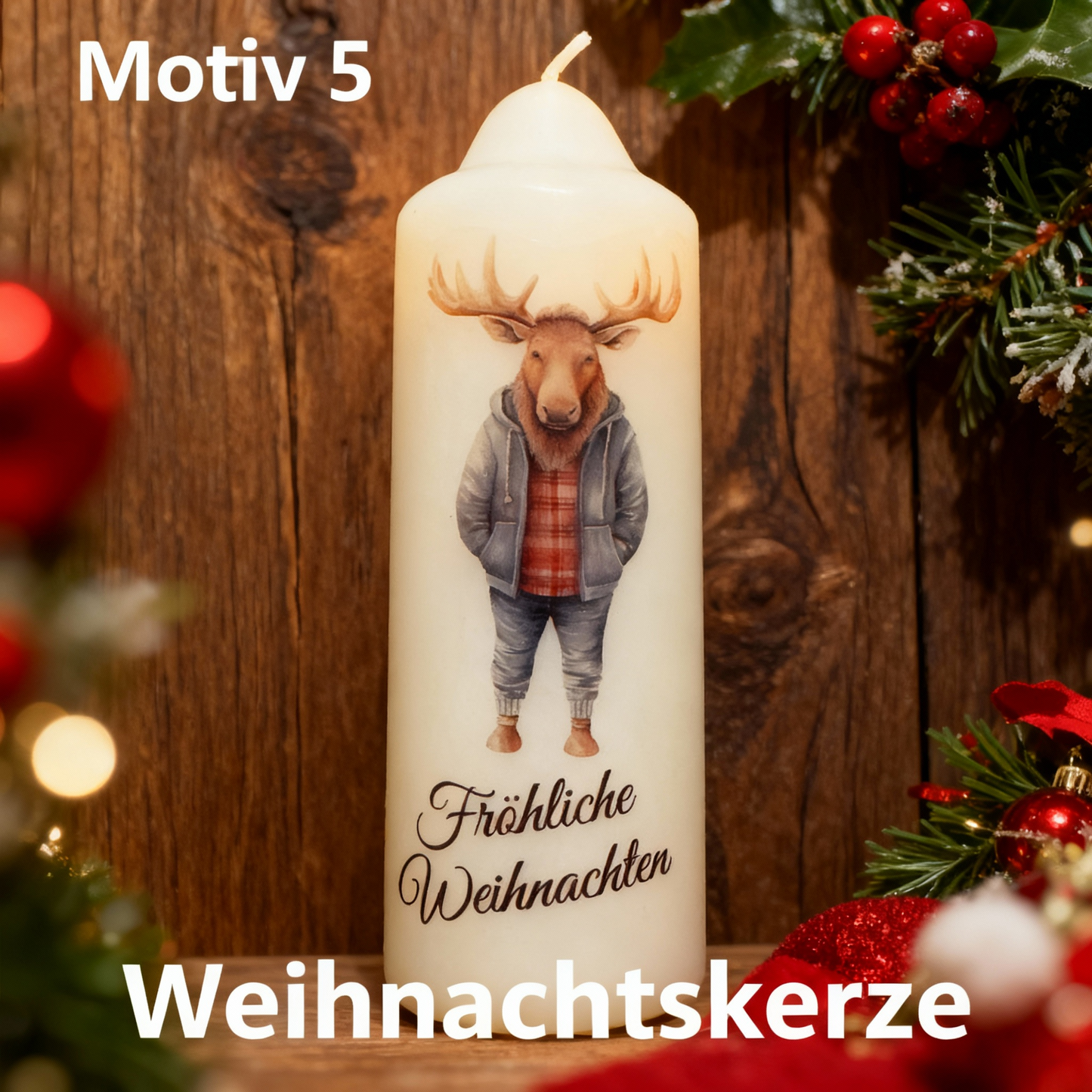 Christmas pillar candle printed with Christmas elk, various motifs