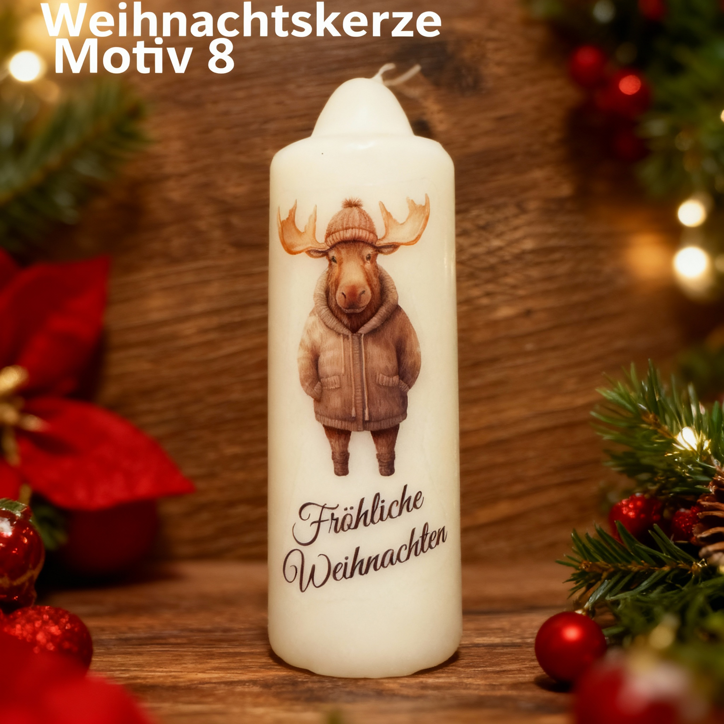 Christmas pillar candle printed with Christmas elk, various motifs