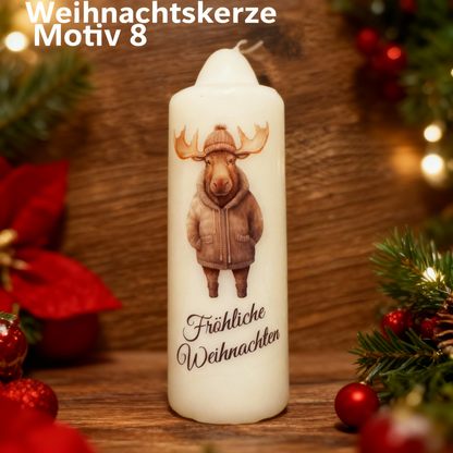 Christmas pillar candle printed with Christmas elk, various motifs