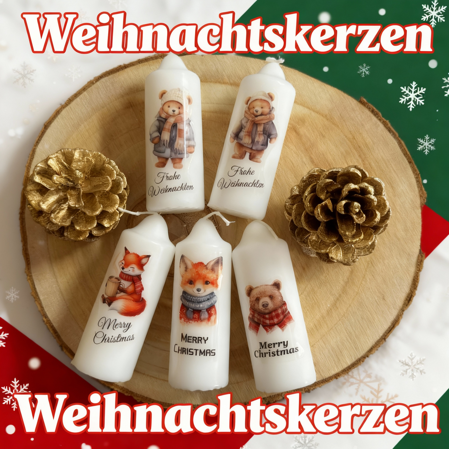 Christmas candle printed with cute Christmas motif, various motifs