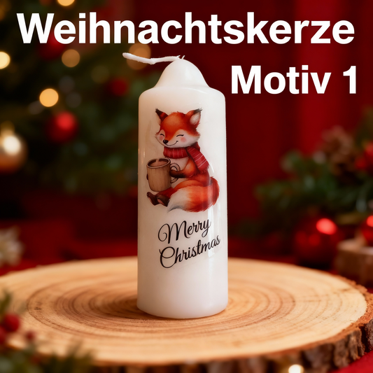 Weihnachtliche Kerze bedruckt mit niedlichem Weihnachts - Motiv, versch. Motive