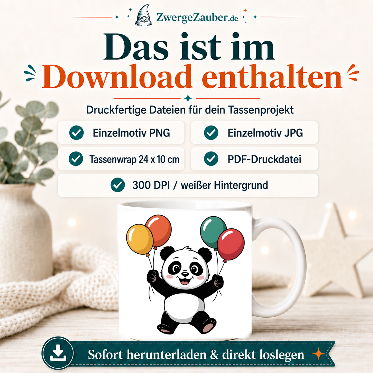 ZwergeZauber Tassendesign Fröhlicher Panda mit Luftballons – Verkaufsbild 2