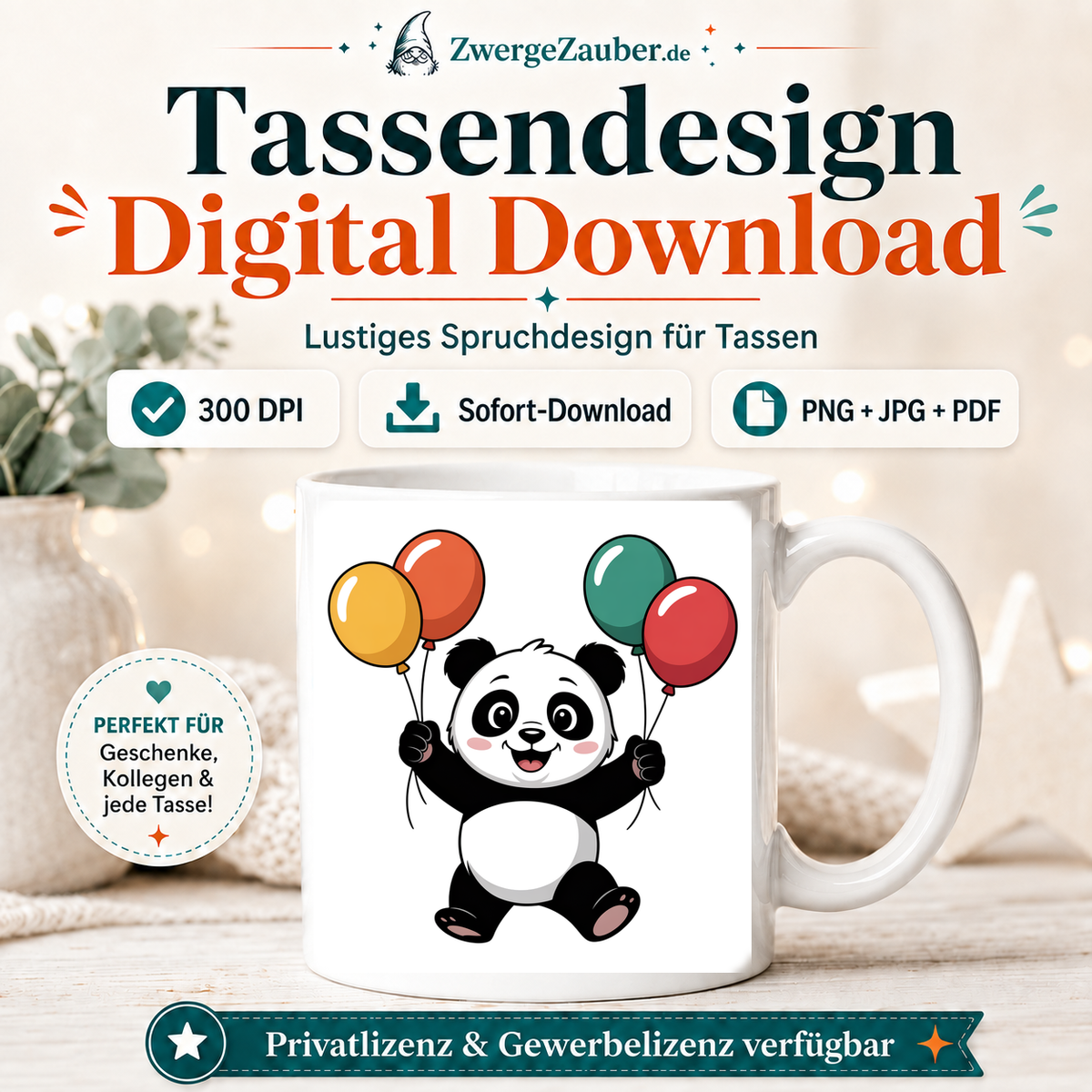 ZwergeZauber Tassendesign Fröhlicher Panda mit Luftballons – Verkaufsbild 1