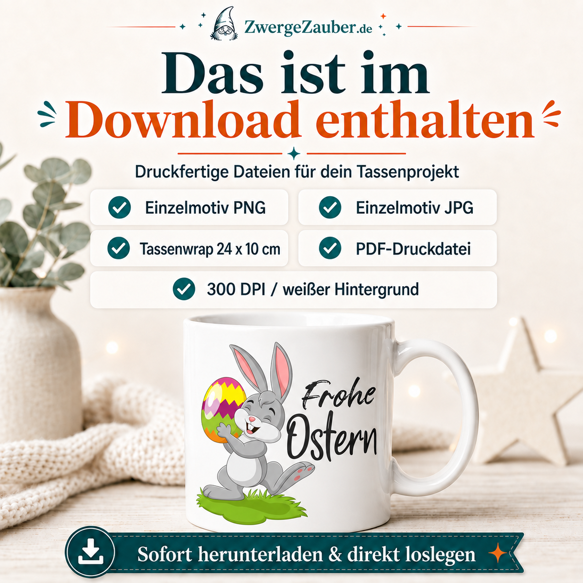 Download-Inhalt des Frohe Ostern Osterhasen Tassendesigns