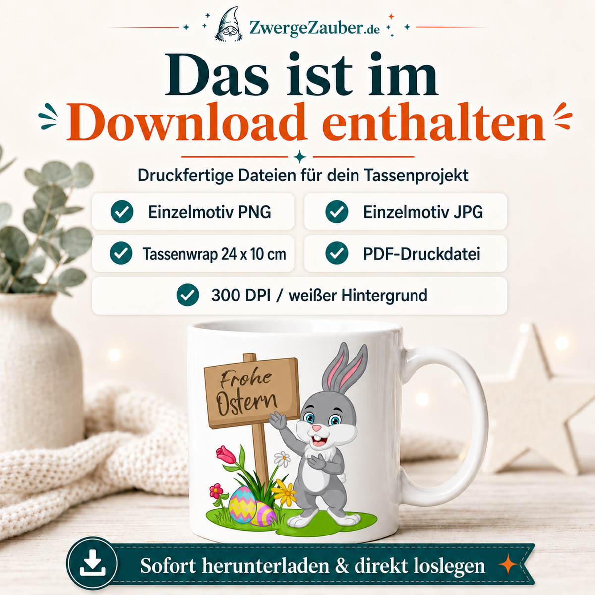 Download-Inhalt des Frohe Ostern Hase mit Schild Tassendesigns