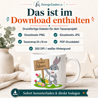 Download-Inhalt des Frohe Ostern Hase mit Schild Tassendesigns