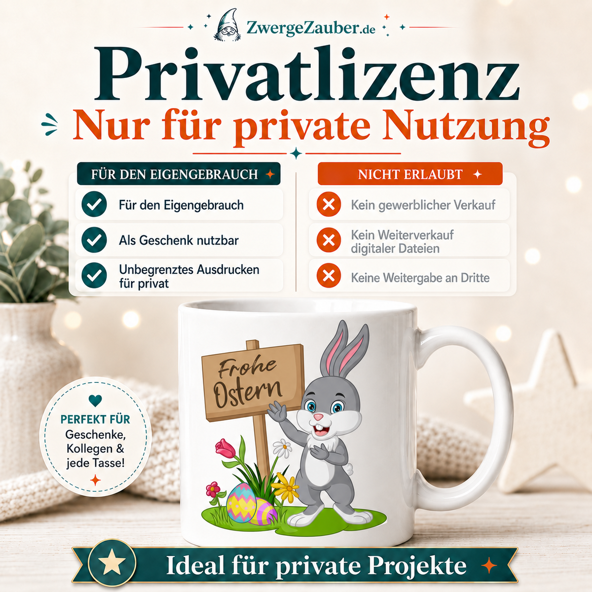 Privatlizenz für das Frohe Ostern Hase mit Schild Tassendesign