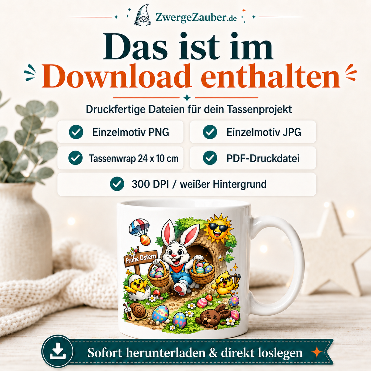 ZwergeZauber Tassendesign Frohe Ostern - Osterhase am Baum – Verkaufsbild 2