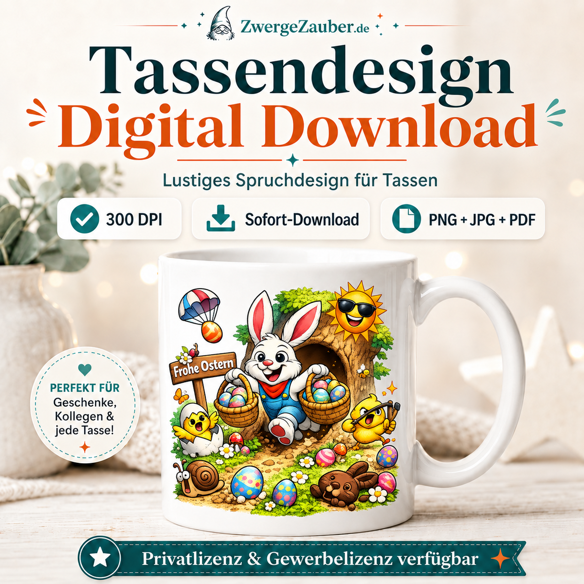 ZwergeZauber Tassendesign Frohe Ostern - Osterhase am Baum – Verkaufsbild 1