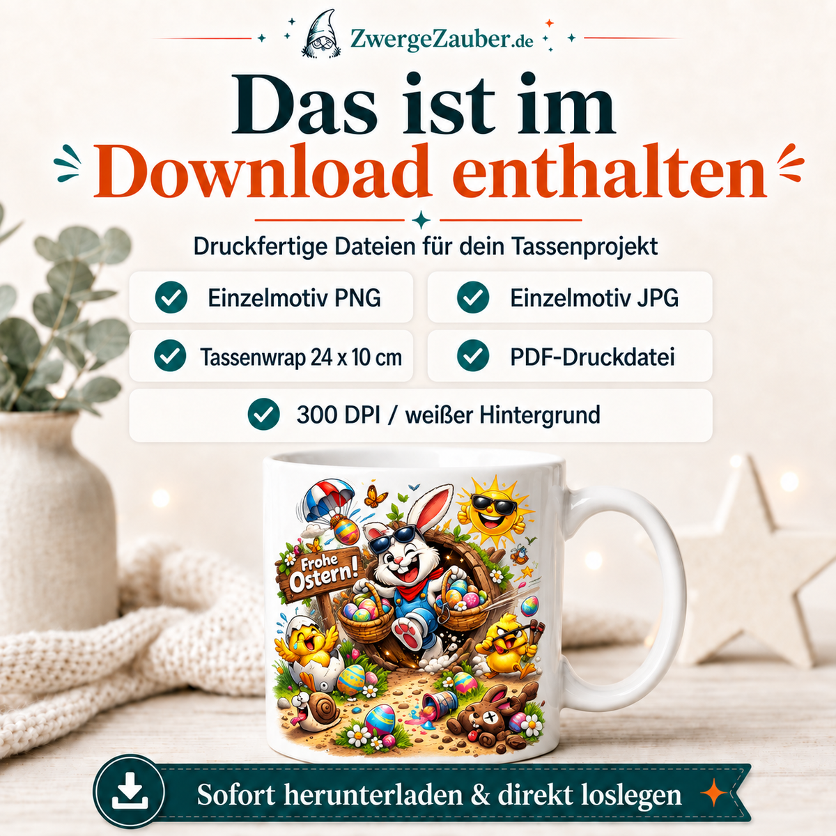 ZwergeZauber Tassendesign Frohe Ostern Osterhase in der Baumhöhle  – Verkaufsbild 2
