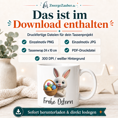 Download-Inhalt des Frohe-Ostern-Tassendesigns mit PNG JPG Wrap und PDF