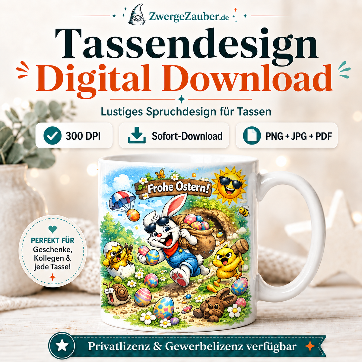 ZwergeZauber Tassendesign Frohe Ostern Osterhase mit Eiersack – Verkaufsbild 1