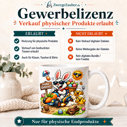 Frohe Ostern Osterhase-im-Karottenauto-Tassendesign mit Gewerbelizenz