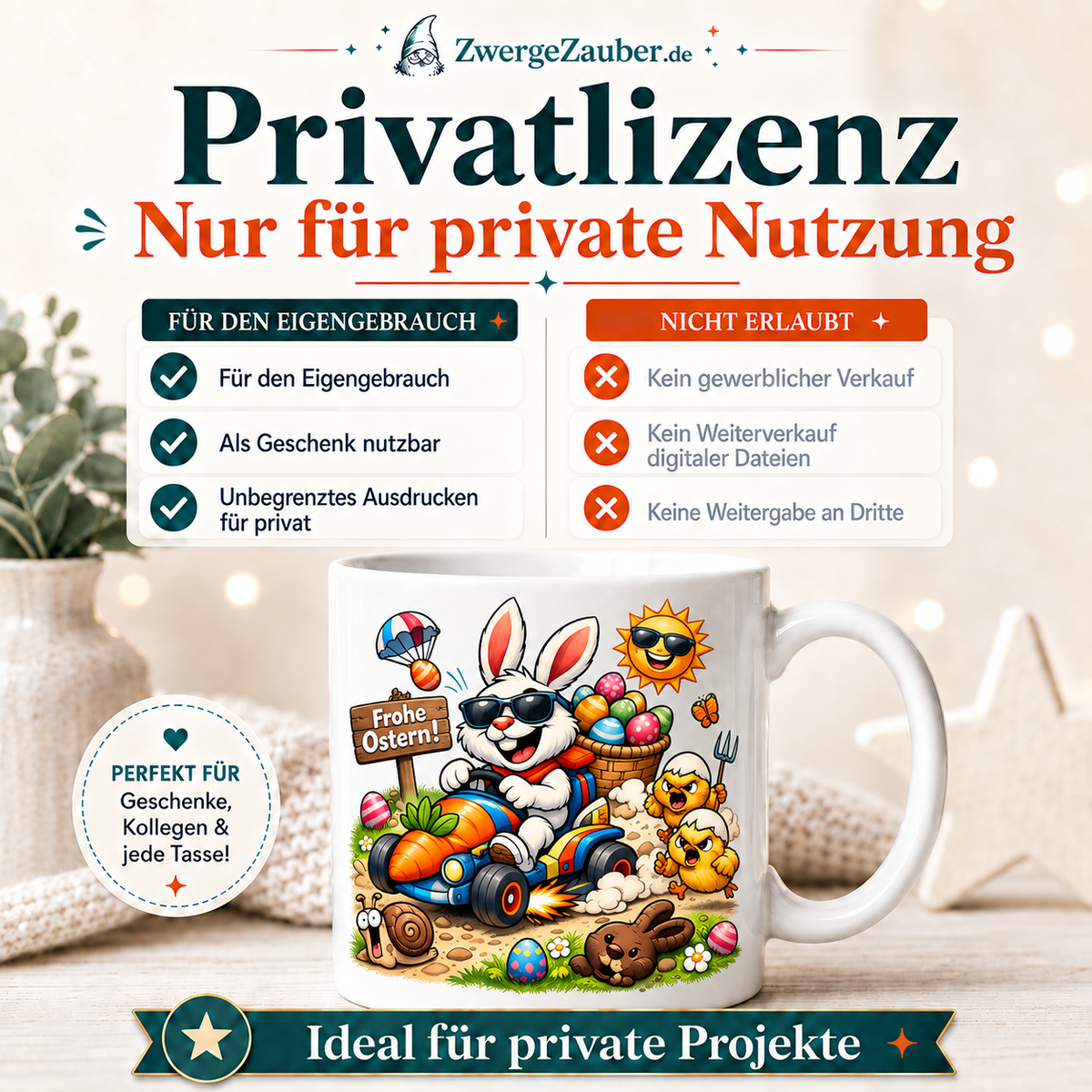 Frohe Ostern Osterhase-im-Karottenauto-Tassendesign mit Privatlizenz