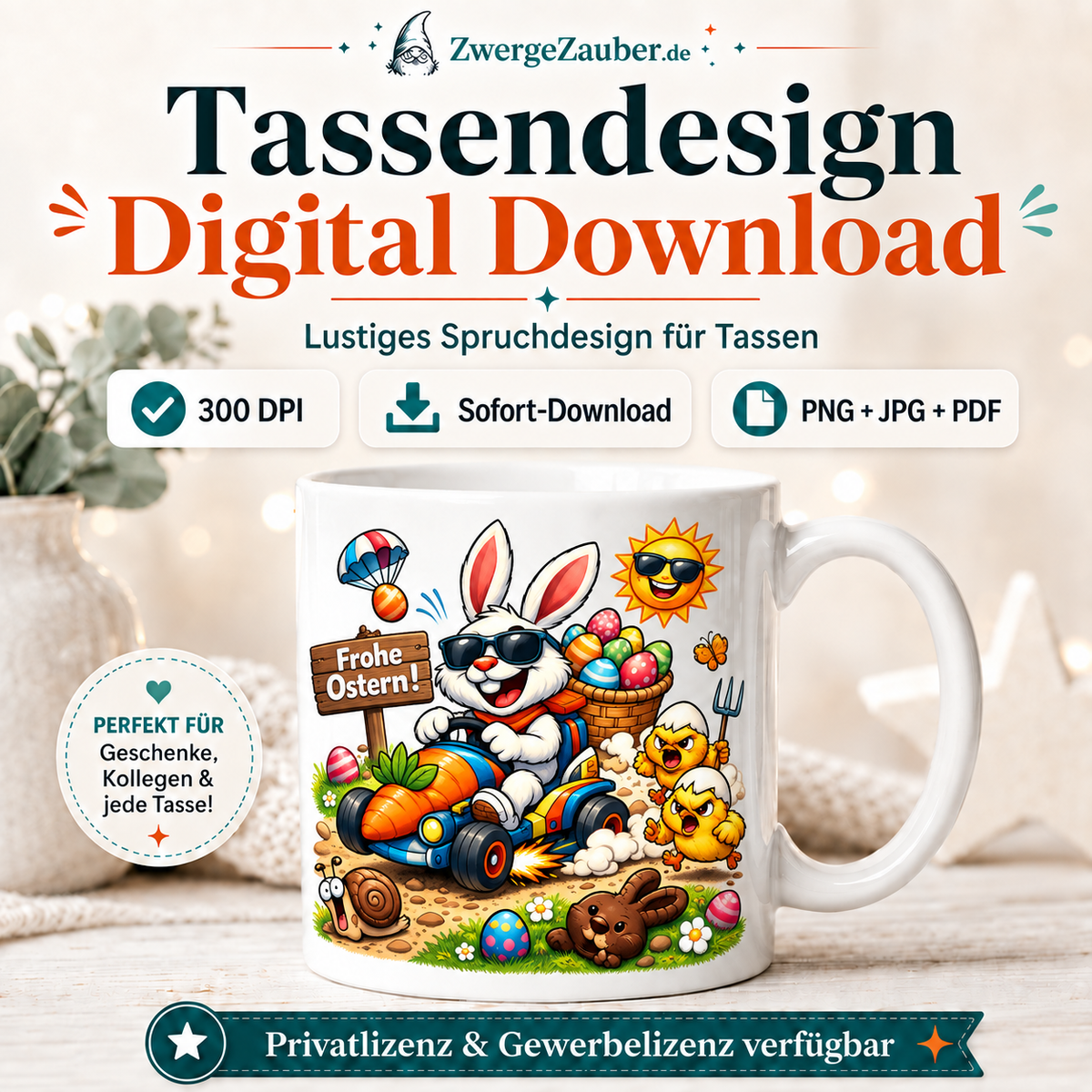 Frohe Ostern Tassendesign mit Osterhase im Karottenauto, Küken und bunten Ostereiern auf Tasse