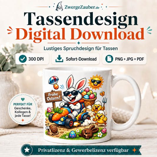 Frohe Ostern Tassendesign mit Osterhase im Karottenauto, Küken und bunten Ostereiern auf Tasse